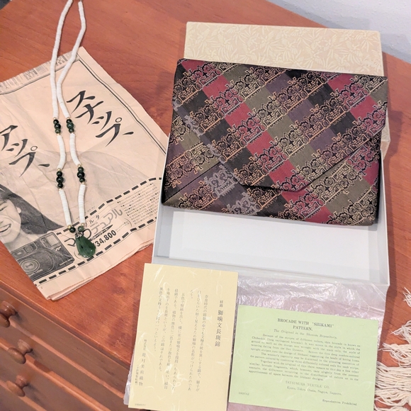 ✨ Vintage 1970 Kyoto Tatsumura Textile “Shikami” Brocade Pouch & Gen Jade Neckla - Picture 12 of 14